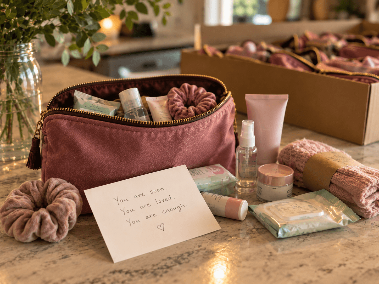 A pink accessory bag filled with a scrunchie, hand cream and wipes, beside a note reading You are seen, You are loved, You are enough