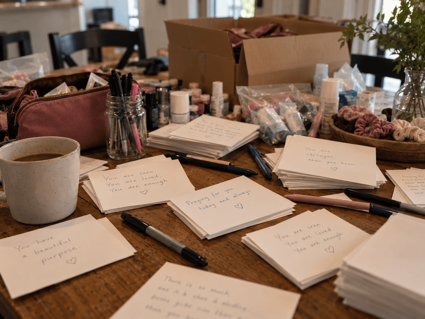 Handwritten notes spread across a wooden table with pens and a coffee mug